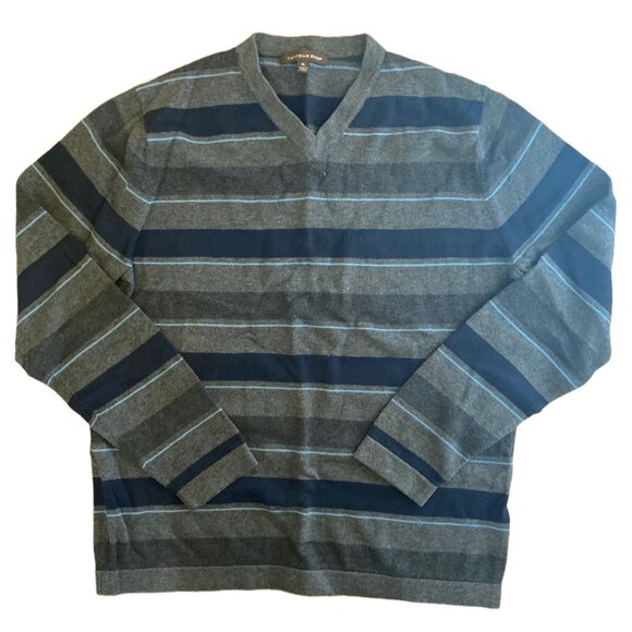 Chatham Road XL Mens Striped V-Neck Sweater Gray & Black 100% Cotton Made In Chi - Picture 1 of 5